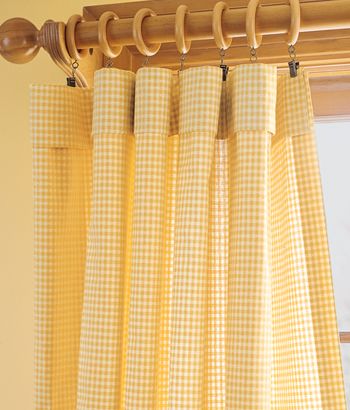 Panels in a cheery yellow and white check. Yellow Gingham Curtains, Pale Yellow Curtains, Light Yellow Curtains, Checked Curtains, Yellow Kitchen Curtains, Red And White Curtains, Shutters Design, London Room, Island Furniture