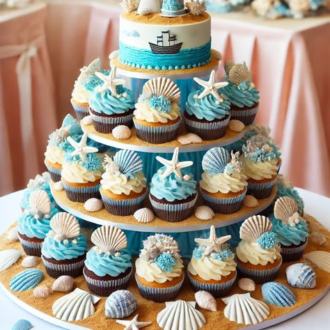 Images of Cupcake Cake Wedding Cake 4 Blue Beach Themed Birthday Party, Coastal Cupcakes, Cupcake Cake Wedding, Boho Wedding Cupcakes, Nautical Party Food, Wedding Cupcake Cake, Nautical Cupcakes, Beach Themed Cupcakes, Shark Themed Cakes