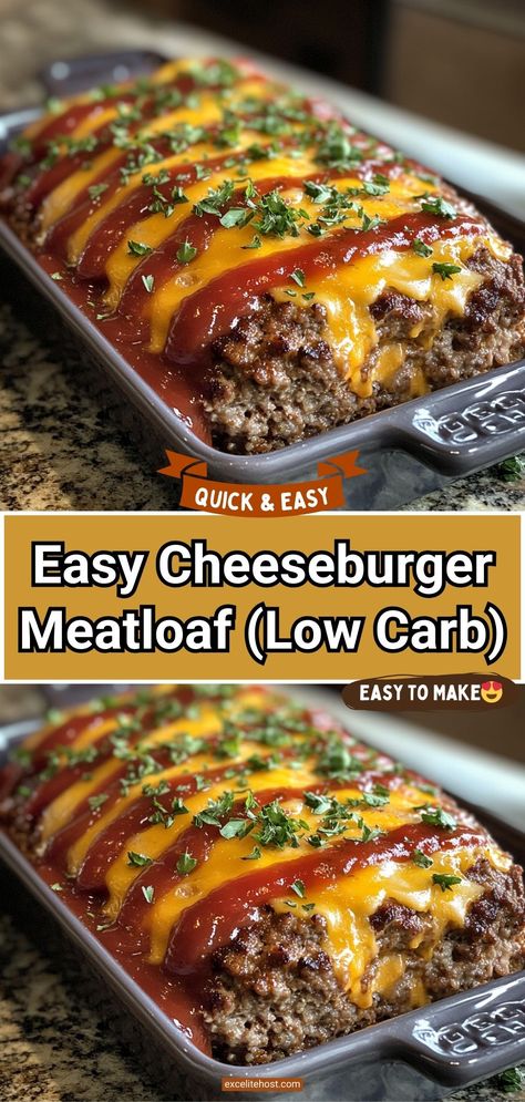 This is a really simple and delicious Cheeseburger Meatloaf that will not take you much time to cook. Simple Meatloaf Recipes, Low Carb Hamburger Recipes, Hamburger Meatloaf, Meatloaf Sides, Meatloaf Recipe With Cheese, Cheeseburger Meatloaf Recipes, Low Carb Cheeseburger Casserole, Bacon Cheeseburger Meatloaf, Mini Meatloaf Recipes