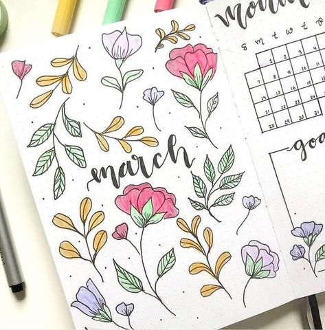 March Bujo Cover Page, Spring Journal Aesthetic, March Bujo Theme Ideas, March Bujo Spread, May Journal Ideas Cover, March Dot Journal Ideas, March Bulletin Journal Ideas, March Bujo Ideas, Boulet Journal March