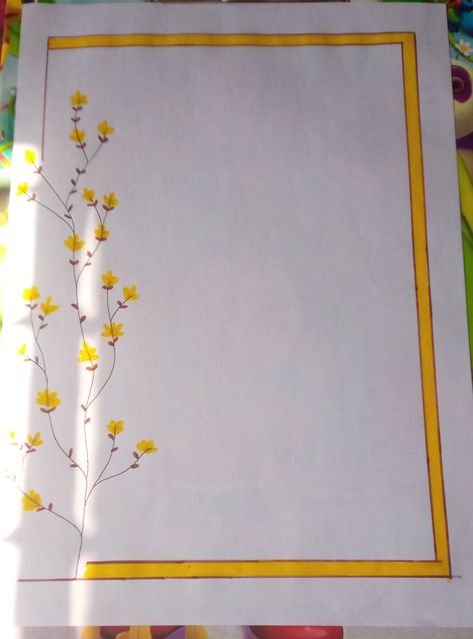 Yellow Border Design For Project, Border Designs For Telugu Project, Telugu Front Page Design, Flower Front Page Design, Telugu Cover Page For Project, Simple And Easy Border Design, Telugu Project Work Designs, Designs For Projects On Paper, Telugu Project Cover Page Design