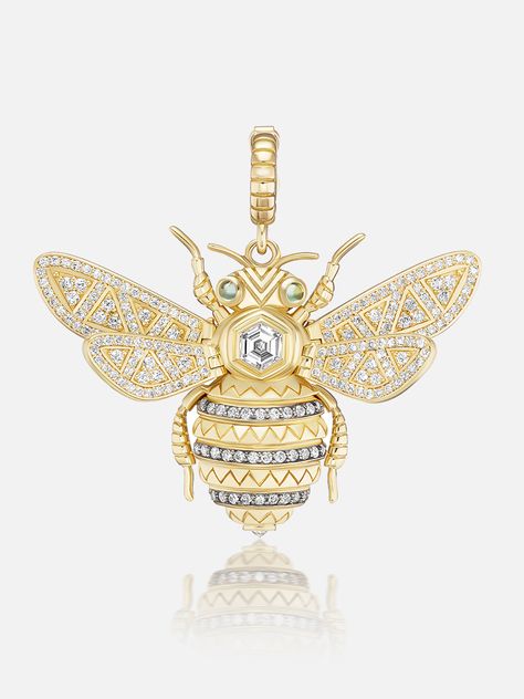 18k yellow gold honey bee pendant featuring a diamond hex, gray sapphire details and eyes. A captivating combination of whimsy and signature Harwell Godfrey patterns all in one pendant. The Menagerie is a spectacular capsule of one-of-a-kind, limited edition and highly detailed animal jewels. Each divine creature — whether traveling by air, earth or sea — was specifically chosen by designer Lauren Harwell Godfrey for its unique characteristics. Emblazoned with the brand’s signature more-is-more Harwell Godfrey, Gray Sapphire, Grey Sapphire, Sapphire Eyes, Bee Jewelry, Bee Pendant, Bee Necklace, Unique Characteristics, Rose Gold Jewelry