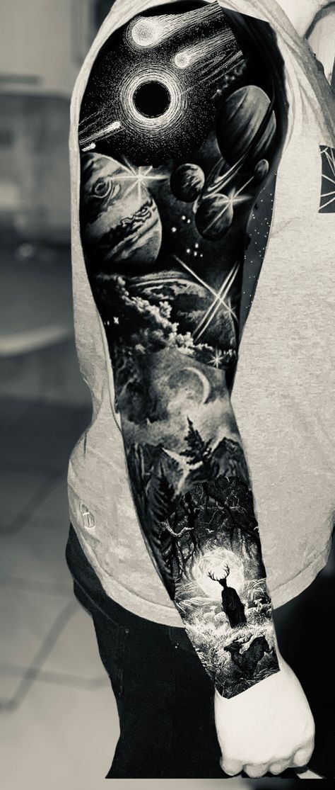 Tattoo Sleeve Galaxy, Black Space Tattoo Cover Up, Space Chest Tattoo Men, Galaxy Sleeve Tattoo For Men, Galaxy Tattoos Men, Space Black And Grey Tattoo, Luminous Beings Are We Tattoo, Black And Gray Galaxy Tattoo, Black And Gray Space Tattoo