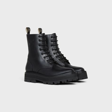 CELINE BULKY LACE-UP BOOT IN SHINY BULLSKIN - BLACK | CELINE Celine Boots, Fragrance Bottle, Handbags Leather, Boutique Online, Leather Goods, Boots Black, Boot Shoes Women, Lace Up Boots, Black Boots