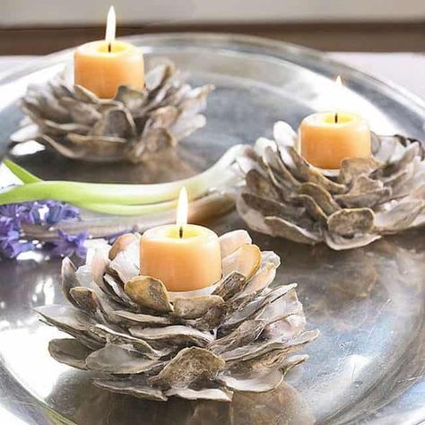 Diy Centerpieces Cheap, Oyster Shell Candle Holder, Oyster Shell Mirror, Oyster Candle, Beach Candle Holder, Oyster Shells Decor, Shell Candle Holder, Recycling Crafts, Deco Marine