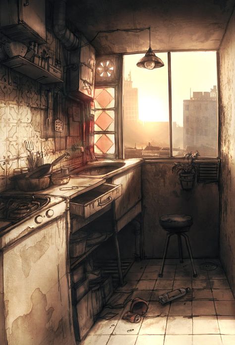 Kitchen Art Apocalypse, Apocalypse Aesthetic, Post Apocalyptic Art, Apocalypse Art, Facebook Link, Post Apocalypse, Arte Inspo, Environment Concept Art, Post Apocalyptic