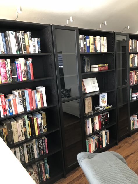 Billy bookcases from ikea make the BEST home library. Total cost $650 including lighting and doors! Black Ikea Bookshelf, Black Billy Bookcase, Billy Bookcase Black, Loft Library, Black Bookshelf, Billy Bookcases, Shelf Inspiration, Ikea Bookshelves, Ikea Billy