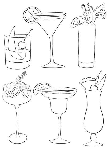 Drawings Of Cocktails, Cocktail Outline Drawing, Cocktail Fine Line Tattoo, Cocktail Sketch Art, Cocktail Coloring Pages, Drink Sketch Drawings, How To Draw Cocktails, Cocktail Glasses Drawing, Drawing Of Drinks