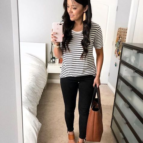 Outfit from a couple weeks ago when it was still pretty warm. My exact tee isn’t available, but I found a super similar one from the same store for $12.99! I also linked to a long sleeve version that is $13.99 with a current 30% off sale. A good basic striped tee is invaluable, and both options I linked are super affordable! Shop the tees and this outfit by heading to my blog, finding this pic on the righthand sidebar (or further down the main column on mobile), and clicking it. @liketoknow Oufits Casual, Dresses Casual Fall, Casual Work Outfits, Basic Outfits, Casual Fall Outfits, Business Casual Outfits, Dressy Casual, Work Attire, Striped Tee