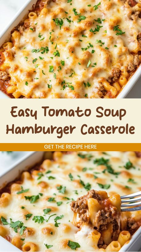 Looking for a comforting and delicious dinner idea? Try this easy hamburger casserole recipe that will satisfy your cravings. It's the perfect combination of ground beef, pasta, cheese, and tomato soup - simply irresistible! This hearty casserole is great for busy weeknights or lazy weekends when you want something tasty yet simple to make. Serve it with a side salad or some garlic bread for a complete meal the whole family will love. Cheeseburger Casserole With Tomato Soup, Hamburger Tomato Casserole Recipes, Tomato Soup Ground Beef Casserole, Tomato Hamburger Casserole, Ground Beef Tomato Soup Pasta, Ground Beef Recipes For Dinner Easy Soup, Hamburger Tomato Soup Casserole, Hamburger Mac And Cheese Soup, Hamburger Casserole With Tomato Soup