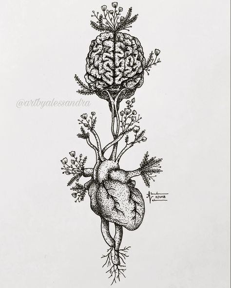 Brain Ink Drawing, Anatomical Tattoo Sleeve, Brain Drawing With Flowers, Brain Black And White Aesthetic, Brain Heart Lungs Tattoo, Anatomy Inspired Tattoos, Human Anatomy Tattoo Sleeve, Sweeter After Difficulties Tattoo, Head Over Heart Tattoo