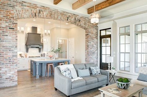 Acadian Style Homes, Brick Archway, Interior Brick, Brick Columns, Brick Interior, Open Plan Kitchen Living Room, Farmhouse Kitchen Design, Build Your Dream Home, Design Case