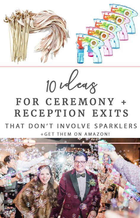 10 Ceremony + Reception Grand Exit Ideas (That Don't Involve Sparklers) Wedding Exit Sparkler Alternatives, Indoor Wedding Send Off, Grand Exit Wedding Ideas Bubbles, Wedding Ending Ideas, Aisle Exit Ideas, Day Time Wedding Send Off Ideas, Western Wedding Exit Ideas, Led Wedding Send Off, Lavender Wedding Exit Toss