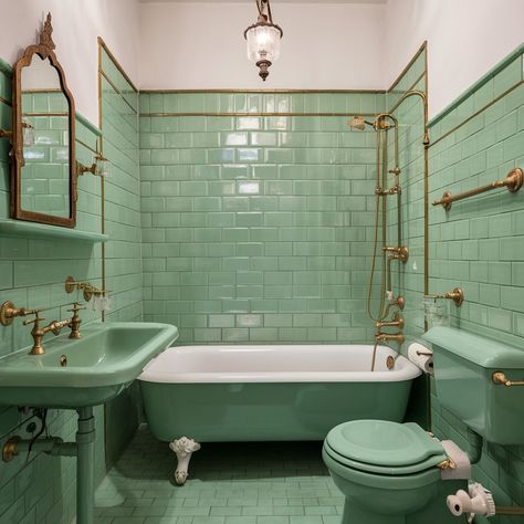 Charming Mint Green Vintage-Style House💖💚💚 Mint Shower Tile, Mint Metro Tiles Bathroom, Mint Bathroom Tile, Seafoam Green Bathroom Ideas, Mint Blue Bathroom, Aqua Bathroom Ideas, Mint Green Interior Design, Green Vintage Bathroom, Green Tile Bathroom Vintage