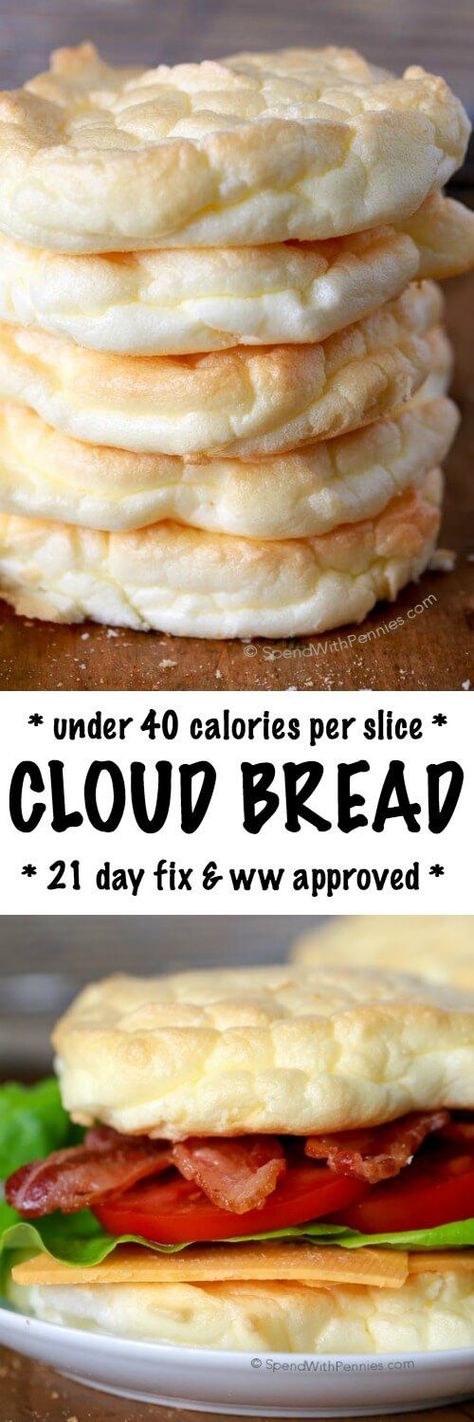 Cloud Bread is an easy to make, light and fluffy bread substitute. These are low carb, under 40 calories each and the perfect way to lighten up a sandwich! Perfect for Weight Watchers and 21 Day Fix approved! Fluffy Bread, Bread Substitute, Weight Watchers Snacks, Quick Diet, 21 Day Fix Meals, Cloud Bread, No Calorie Foods, Egg White, 21 Day Fix