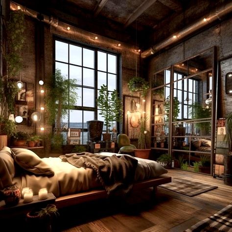 Loft Boho Bedroom, Industrial Romantic Bedroom, Industrial Cozy Home, Aesthetic Industrial Bedroom, Cozy Loft Decor, Simple Industrial Living Room, Earthy Industrial Bedroom, Industrial Earthy Decor, Bedroom Aesthetic Industrial