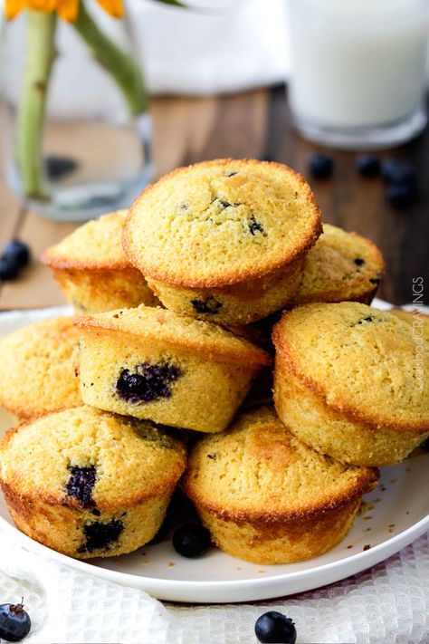 Blueberry Maple Cornbread Muffins - 25 minute Start to Finish buttery, moist cornbread muffins infused with sweet maple and bursts of blueberries. Perfect for brunch, potlucks. etc. You will never go back to regular cornbread again! #cornbread #muffins #cornbreadmuffins #blueberry #maple Moist Cornbread Muffins, Blueberry Cornmeal Muffins, Maple Cornbread, Blueberry Corn Muffins, Blueberry Cornbread, Cornmeal Muffins, Moist Cornbread, Apple Spice Cake, Creamy Potato Salad