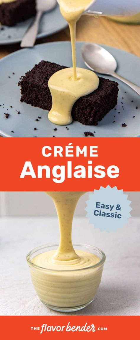 A creamy, delicious, and easy to make vanilla creme anglaise (or pouring custard)! It pairs well with so many types of dessert too. Versatile recipe that is easy to adapt for different variations. #CremeAnglaise #PouringCustard #EnglishCustard #desserts #Custard Custard Icing Recipe, Pouring Custard Recipe, English Custard Recipe, Vanilla Custard Recipe Easy, Custard Flavors, Creme En Glaze, Cream Anglaise Sauce, Best Vanilla Custard Recipe, Devonshire Cream Recipe