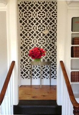 Stenciling a hallway: The pros, the cons and the final results by alifeofdesign - Graham Gifford on Hubpages Hallway Stencil Ideas, Wall Stencil Ideas, Moroccan Wall Stencils, Hallway Paint, Accent Wall Stencil, Hallway Walls, Wall Stencil Patterns, Stencil Decor, Moroccan Theme