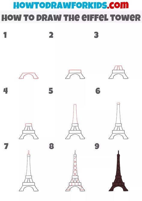 How to Draw the Eiffel Tower - Easy Drawing Tutorial For Kids Eiffel Tower Drawing Tutorial, Effiel Tower Drawing Easy, Eifell Tower Draw Easy, Effie Tower Drawing, How To Draw Eiffel Tower Step By Step, Paris Easy Drawing, How To Draw A Building Step By Step, Effelle Tower Drawing, Eifell Tower Draw