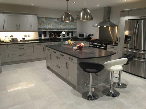 Steel Grey Leathered Granite, Grey And Black Kitchen, Shaker Island, Leathered Granite, Grey Shaker Kitchen, Curved Kitchen, Open Plan Kitchen Dining Living, Grey Kitchen Designs, Leather Kitchen