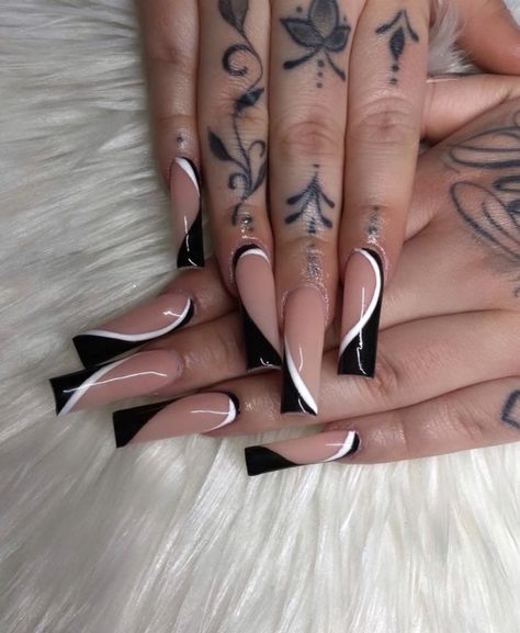 Black And White Nails Square Long, Black And White Nail Designs Coffin Long, Black And White Tapered Square Nails, Black Design Nails Coffin, Black White And Pink Nails Acrylic, Black Nail Square Designs, Black And White Nails Tapered Square, Black French Tip Design Nails, Black Acyrilics Nail Designs