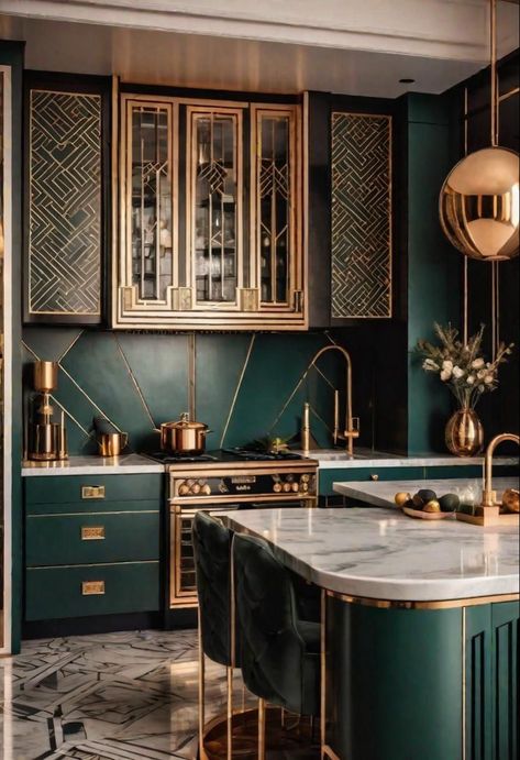 Art Deco Green Kitchen, Vibrant House Aesthetic, Jewel Tone Kitchen, Unusual Kitchens, Art Deco Kitchen Design, Frog Kitchen, Dark Green Interior, Art Deco Kitchen, Condo Decor