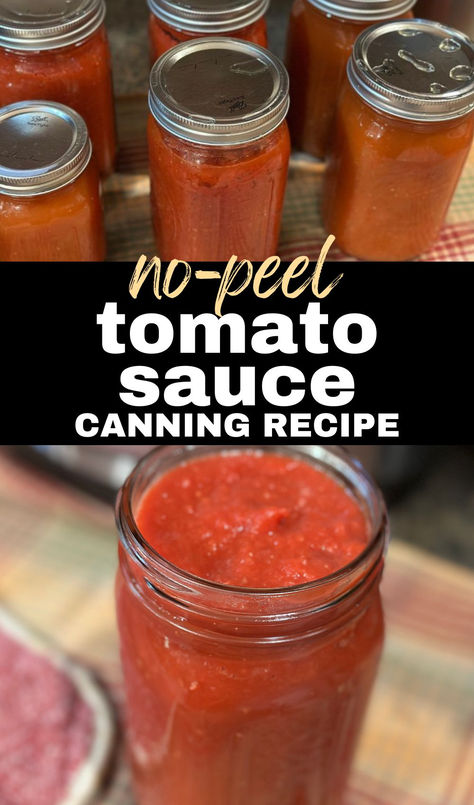 Image of cooling jars of sauce and open jar of sauce with text "no peel tomato sauce canning recipe" No Peel Tomato Sauce For Canning, Small Batch Tomato Sauce Canning, Homemade Tomato Sauce With Canned Tomato, Canning Recipes For Roma Tomatoes, How To Can Tomato Sauce, No Peel Tomato Sauce, Canning Pumpkin Puree, Tomato Sauce Canning, Canning Pumpkin