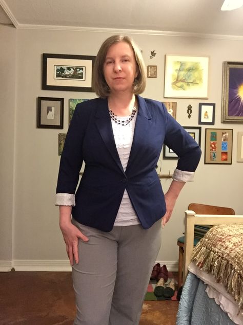 Kensie Rebekah Stretch Crepe Blazer in navy. Love it. I've paired it with a Kim Rogers top and pants here. It is just as cute in person as it is in the photos, love it and think it'll up my fashion game. Keeper. #Stitchfix It is ever so slightly snug, but a little bit more time at the gym should remedy that --- motivation! Carol Kirkwood, Crepe Blazer, Elegant Ladies, Stitch Fix Stylist, My Fashion, Kim Rogers, Stretch Crepe, At The Gym, Floral Maxi