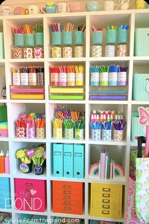 Ikea Desk In Front Of Window, Rainbow Craft Room, Shop Decoration Ideas, Skills For Kindergarten, Dream Art Room, Stationery Store Design, Classroom Organization Elementary, Craft Shed, Stationery Obsession