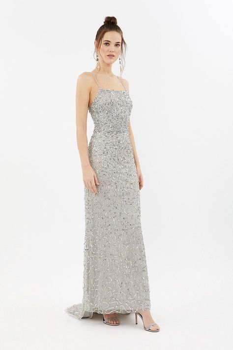 This dress is the definition of Hollywood glamour. Ready for the red (...or living room) carpet, the sequinned gown features a strappy back, square neckline and floor-sweeping trail back. Mix Match Bridesmaid Dresses, Outfit Ideas Inspiration, Silver Bridesmaid Dresses, Gorgeous Bridesmaid Dresses, Bridesmaid Dress Collection, Spring Summer Wedding, Silver Bridesmaid, Grey Bridesmaids, Dresses Guest