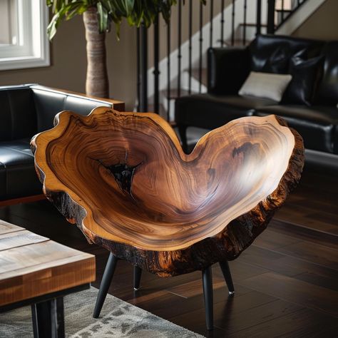 The live edge heart-shaped chair is a stunning blend of rustic charm and romantic elegance. Handcrafted from a single slab of natural wood, this chair features a unique live edge, preserving the organic contours and raw beauty of the tree from which it was made. The backrest is meticulously carved into a heart shape, adding a whimsical and intimate touch. Each chair is one-of-a-kind, showcasing the wood’s unique grain patterns, knots, and textures. Perfect as a statement piece or a heartfelt ... Live Edge Wood Projects, Japanese Minimalist Living Room, Handmade Furniture Wood, Sitting Furniture, Tree Chair, Branch Furniture, Hand Chair, Handmade Wood Furniture, Wood Lamp Design