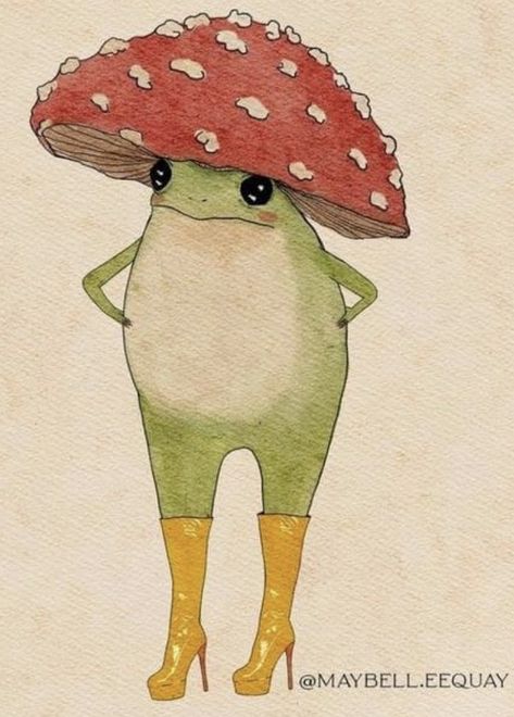 Funny Animal Paintings Easy, Derpy Frog Drawing, Frog With Mushroom Hat Tattoo, Water Coloring Painting Ideas Simple, Watercolor Frog Easy, Frog With Mushroom Hat Drawing, Frog Drawing With Mushroom, Funny Watercolor Paintings, Mushroom Frog Drawing