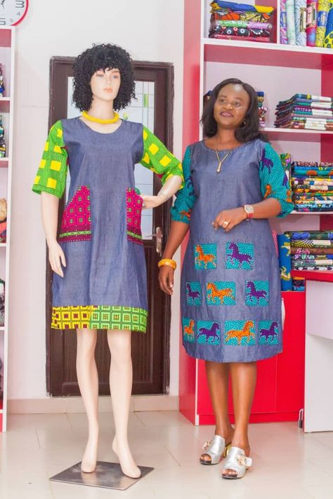 Modele Wax, Denim Dress Style, Jean Styles, Ankara Dresses, Stylish Work Attire, Combo Dress, Kitenge, Jeans Material, African Attire