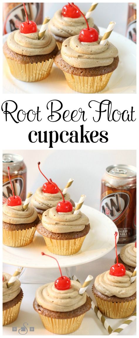 Root Beer Float Cupcakes - Butter With A Side of Bread Flat Cupcakes, Root Beer Float Cupcakes, Rootbeer Float Cupcakes, Beer Float, Cupcake Flavors, Root Beer Float, Beer Party, Cupcake Ideas, Yummy Cupcakes