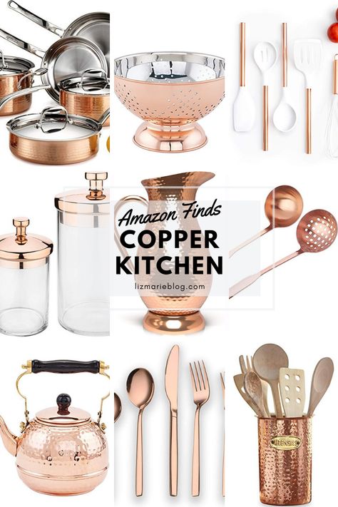 Copper Decor Kitchen Ideas, Copper In The Kitchen, Copper Kitchen Accents Decor, Kitchen Copper Accents, Black And Rose Gold Kitchen Decor, Copper And White Kitchen, White And Copper Kitchen, Copper Kitchen Appliances Best Buy, Copper Utensils Decor