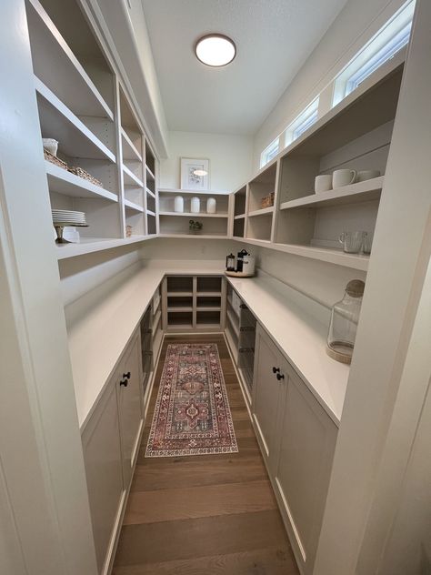 6 Ft Wide Pantry, Long Narrow Walk In Pantry, Long Narrow Pantry Closet, Small Walk In Pantry With Sink, Rectangle Pantry Design, Laundry Pantry Combo Ideas Layout, Narrow Butlers Pantry Ideas, Larders And Pantries, Narrow Walk In Pantry Dimensions