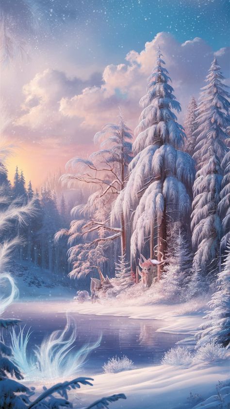 Immerse yourself in this enchanting winter landscape inspired by aespa. A snowy forest with towering pines and gently falling snowflakes creates a serene atmosphere. The frozen lake reflects the pastel sunset, while magical wisps of mist and mythical creatures add a touch of fantasy. Perfect for winter wallpaper, this tranquil scene invites elegance and charm into your space. #WinterWallpaper #Aespa #FantasyArt Enchanted Snow Forest, Snowy Forest Reference, Magic Winter Forest, Frozen Fantasy Landscape, Fantasy Snowy Landscape, Fairy Moodboard, Winter Fae, Fantasy Snow, Kingdom Ideas