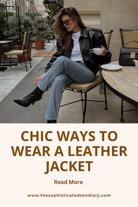 Looking for chic and effortless ways to style your leather jacket?  From casual jeans and sneakers to edgy skirts and boots, this guide has all the inspiration you need to elevate your look. Perfect for every season, these leather jacket outfit ideas are versatile, stylish, and easy to recreate. Click through for tips and outfit combinations that will make your leather jacket the MVP of your wardrobe! #LeatherJacketStyle #EffortlessFashion #WardrobeEssentials #OOTD Tomboy Leather Jacket Outfit, Leather Jacket With Wide Leg Pants, Women Black Leather Jacket Outfit, Leather Jacket Blazer Outfit, Edgy Classic Style Inspiration, Oversized Leather Jacket Outfits Winter, Leather Jacket Outfit Dressy, Black Denim Jacket Outfit Winter, Leather Jacket Photoshoot Women