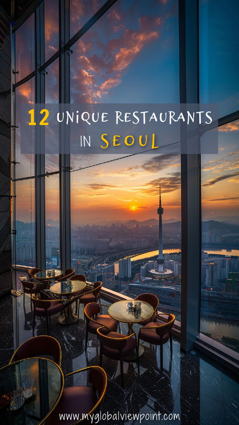 Stunning view of a high-rise restaurant in Seoul at sunset, one of the coolest restaurants in Seoul, featuring elegant dining tables and panoramic city views. Seoul Foods, Seoul Restaurants, Cafe In Seoul, Gangnam Seoul, Seoul Cafe, Korea Południowa, Seoul Korea Travel, Vibrant Food, Korean Cafe