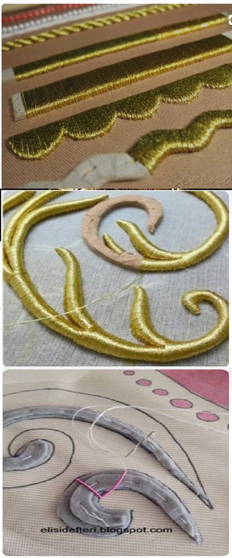 Stump work Gold Work Embroidery Tutorial, Stump Work Embroidery Tutorial, Embroidery On Couch, Goldwork Embroidery Tutorial, 3d Embroidery Stitches, Gold Work Embroidery Pattern, Medieval Embroidery Stitches, Embroidered Couch, Cosplay Embroidery