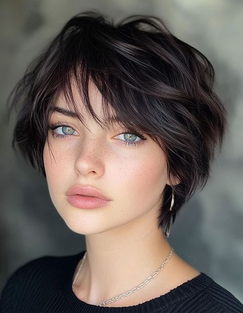 Glossy Tousled Short Bob with Wispy Bangs, cute short haircut, short hairstyle Very Short Bangs Hairstyle, Long Pixie Haircut With Bangs, Very Short Bob With Bangs, Pixie Bob Haircut With Bangs, Cute Short Layered Haircuts, Micro Bob Haircut, Violet Character, Wispy Bob, Bob With Wispy Bangs