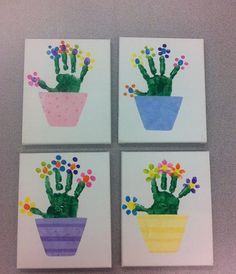 Fingerprint Flowers, Påskeaktiviteter For Barn, Hand Print Art, Diy – Velikonoce, Flowers On Canvas, Mother's Day Activities, Toddler Arts And Crafts, Flower Pot Crafts, Spring Crafts For Kids