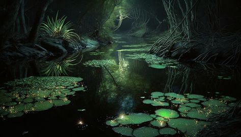 Swamp Creatures Fantasy Art, Fantasy Swamp Concept Art, Magical Swamp Art, Dark Swamp Fantasy Art, Fantasy Mangrove, Fantasy Swamp Art, Mangrove Aesthetic, Swamp Restaurant, Fantasy Marsh