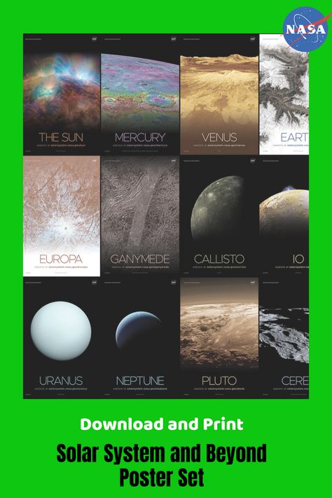 Solar System and Beyond Poster Set: Download 70 free printable posters. This set includes a view of each planet, the sun, a selection of moons, dwarf planets, comets, and asteroids. Decorate your classroom. NASA posters. Planet posters. Space science. Nasa Printables Free, Nasa Posters, Free Printable Posters, Comets And Asteroids, Solar System For Kids, Free Poster Printables, Planet Poster, Nasa Poster, Science Magazine