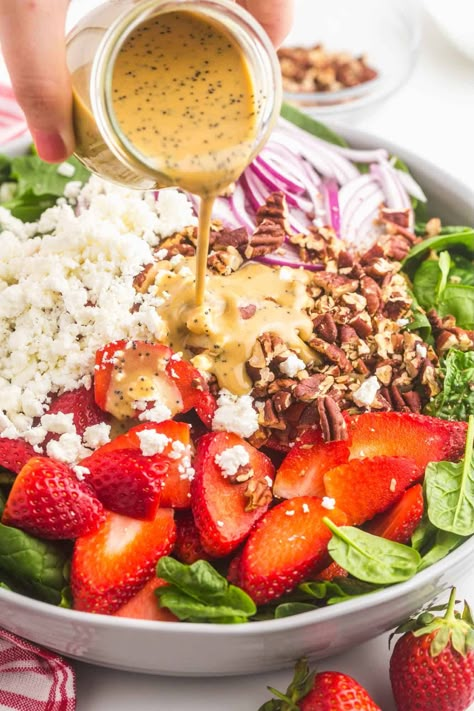 Strawberry Feta Salad Dressing, Balsamic Poppyseed Dressing, Fancy Salad Recipes Dinner Parties, Strawberry Salad With Poppyseed Dressing, Strawberry Spinach Salad With Balsamic, Strawberry Spinach Salad With Poppyseed, Potluck Salad Recipes, Strawberry Pecan Salad, Spinach Feta Salad