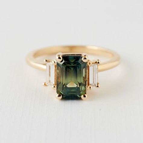 Emerald Cut Green Engagement Ring, Bicolor Sapphire Ring, Baguette Side Stone Engagement Ring, Marquise Sapphire Ring, Bicolor Sapphire, Yellow Chartreuse, Art Deco Emerald Ring, Stone Shapes, Diamond Band Engagement Ring