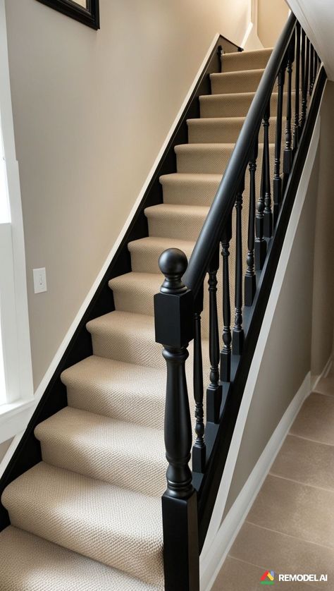 Carpeted Stairs With Black Railing, Black Railing Stairs With Carpet, Black And White Carpet Stairs, Black Bannister Ideas, Black And White Stair Railing, Black And Beige Hallway, Black Bannister, Stair Bannister Ideas, Bannister Ideas