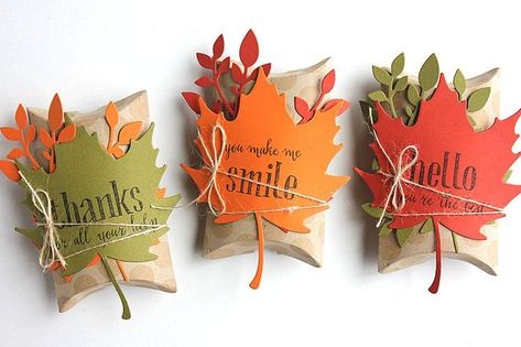 Fall Gift Wrapping Ideas, Thanksgiving Diy Decorations, Autumn Packaging, Pillow Box Packaging, Leaf Pillow, Thanksgiving Favors, Pillow Boxes, Twig Wreath, 1 September