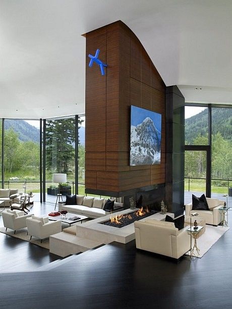 aspen residence Luxury Mansions, Sunken Living Room, Double Sided Fireplace, Contemporary Fireplace, Modern Fireplace, Interior Modern, Fireplace Design, Contemporary Living Room, Design Living